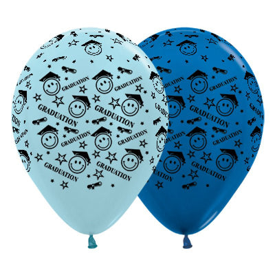 Graduation Smiley Faces Satin Pearl Blue & Metallic Blue Latex Balloons 25 Pack