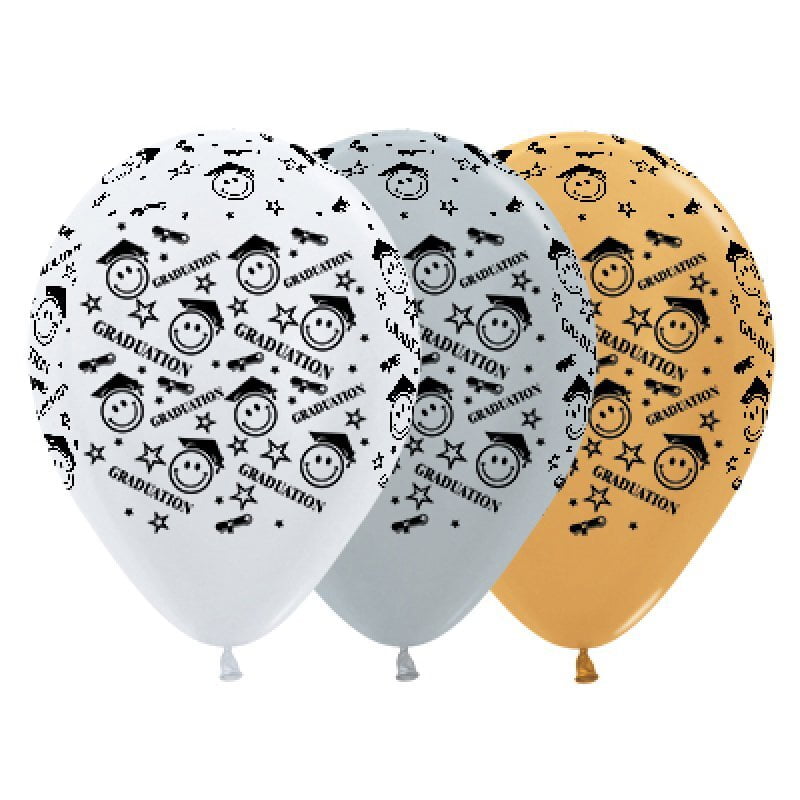 Graduation Smiley Faces Satin White, Silver & Metallic Gold Latex Balloons 25 Pack Payday Deals