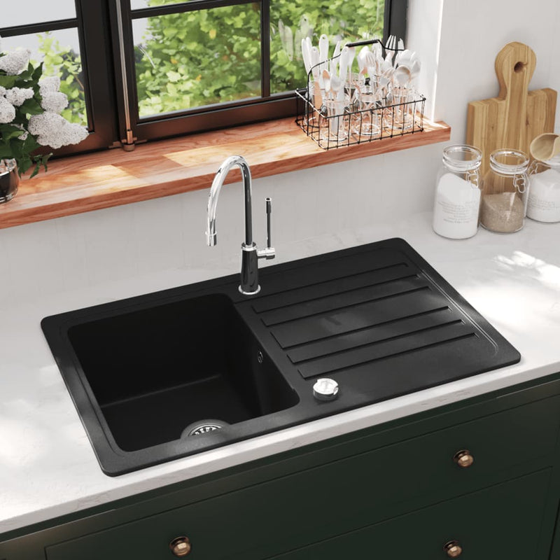 Granite Kitchen Sink Single Basin with Drainer Reversible Black Payday Deals