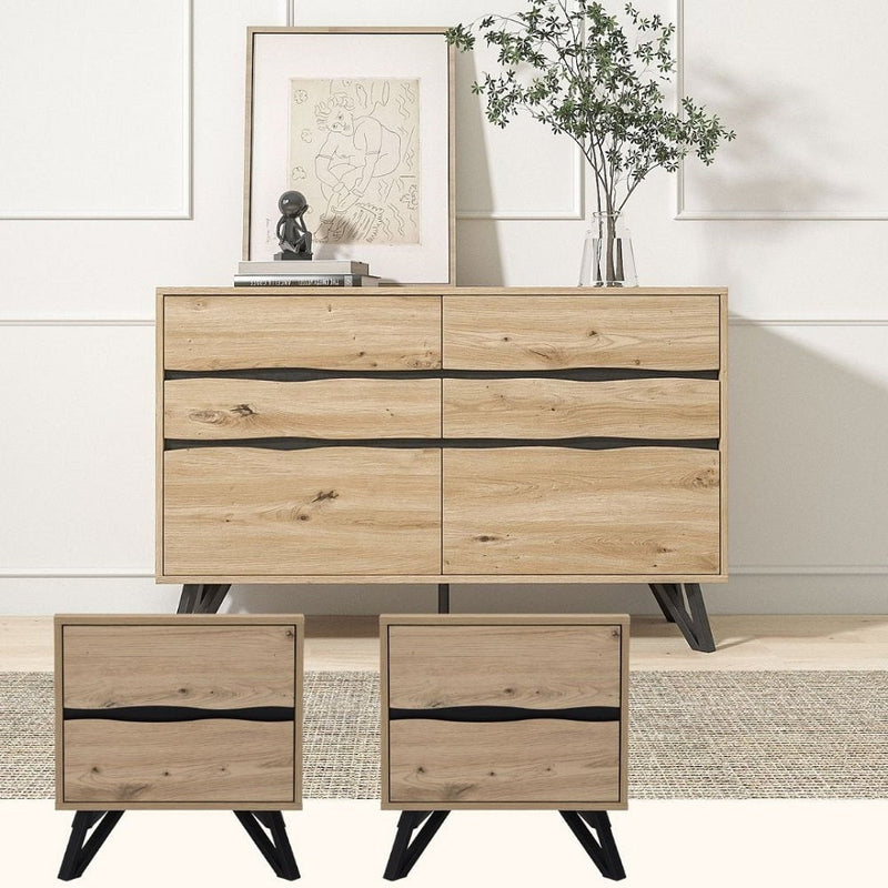 Grayson Chest of 6 Drawers Tallboys Dressers Storage Drawers +  Bedside Table With 2 Drawers Nightstand W/Black Metal Leg Bedroom Furniture Payday Deals