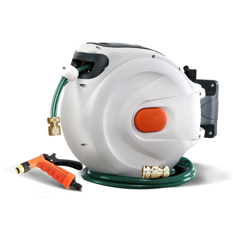 Greenfingers Retractable Hose Reel 20M Garden Water Brass Spray Gun Auto Rewind Payday Deals