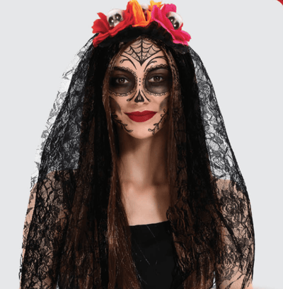 Halloween Day of the Dead Headband w/ Roses & Lace Veil Halloween Party Dress Up