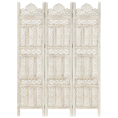 Hand carved 3-Panel Room Divider White 120x165 cm Solid Mango Wood