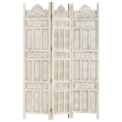 Hand carved 3-Panel Room Divider White 120x165 cm Solid Mango Wood Payday Deals