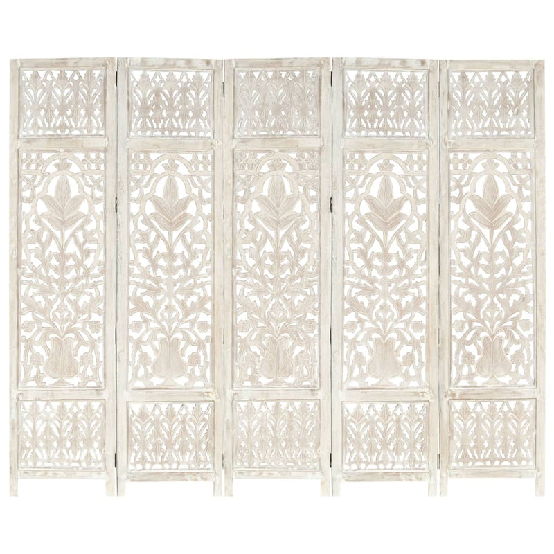Hand carved 5-Panel Room Divider White 200x165 cm Solid Mango Wood Payday Deals