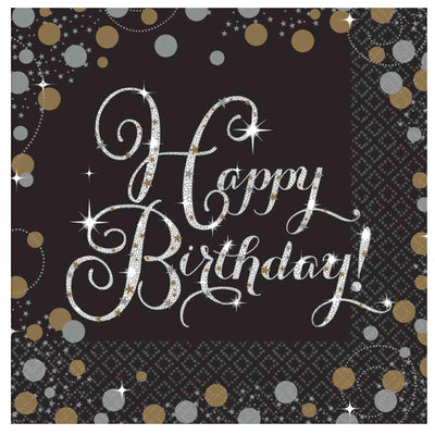 Happy Birthday Black Sparkling Celebration Beverage Napkin 16 Pack