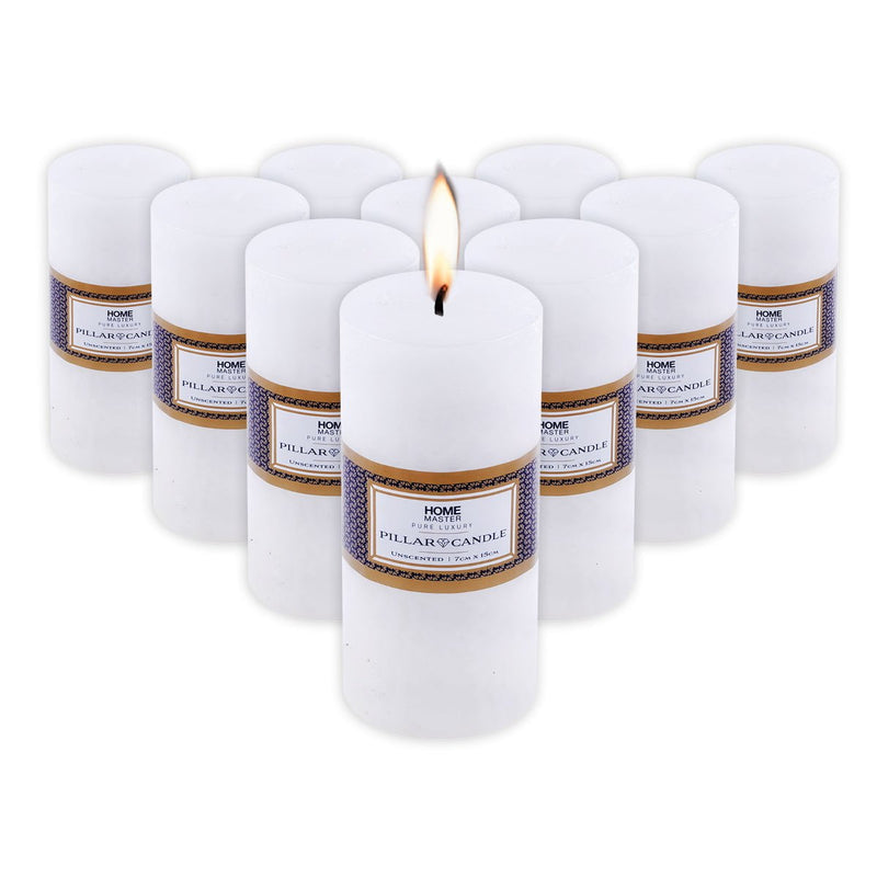 Home Master 10PCE Flat Pillar Candles White Unscented Lead Free Wick 7 x 15cm Payday Deals