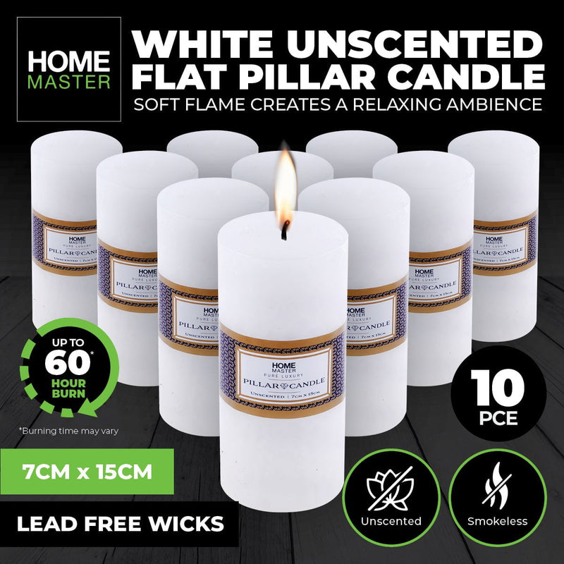 Home Master 10PCE Flat Pillar Candles White Unscented Lead Free Wick 7 x 15cm Payday Deals