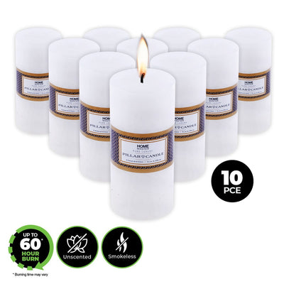 Home Master 10PCE Flat Pillar Candles White Unscented Lead Free Wick 7 x 15cm Payday Deals