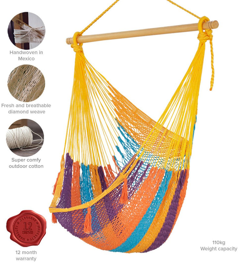 Mayan Legacy Extra Large Outdoor Cotton Mexican Hammock Chair in Alegra Colour