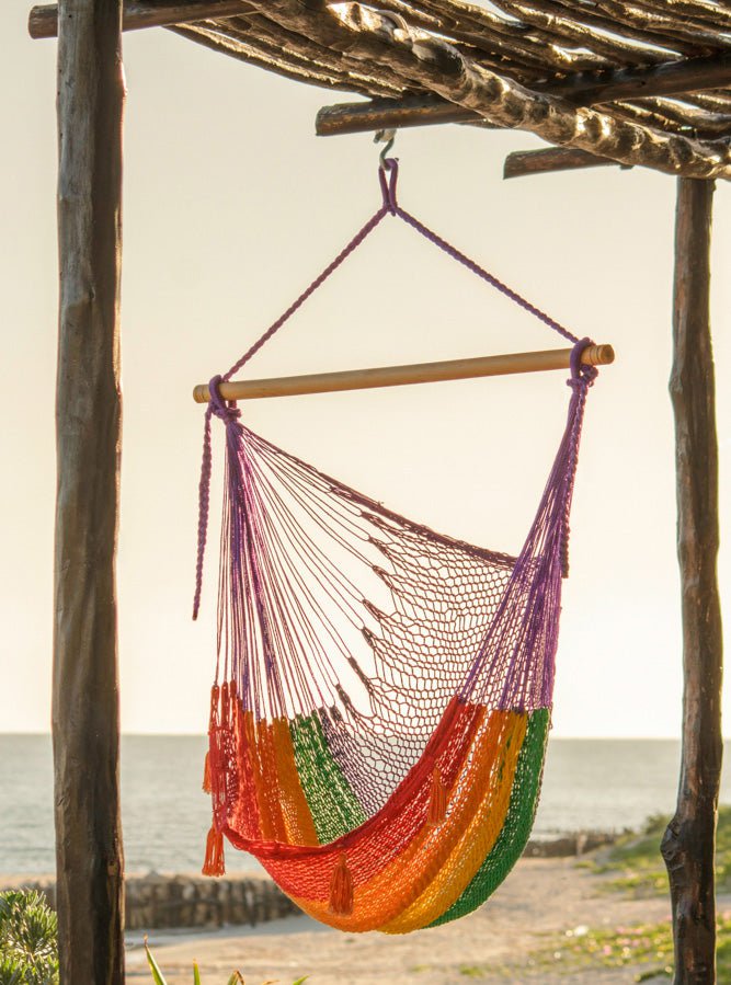 Mayan Legacy Extra Large Outdoor Cotton Mexican Hammock Chair in Rainbow Colour