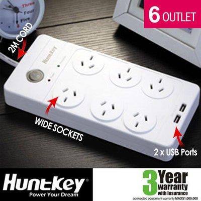 Huntkey Power Board (SAC604) with 6 sockets and 2 USB ports - Payday Deals