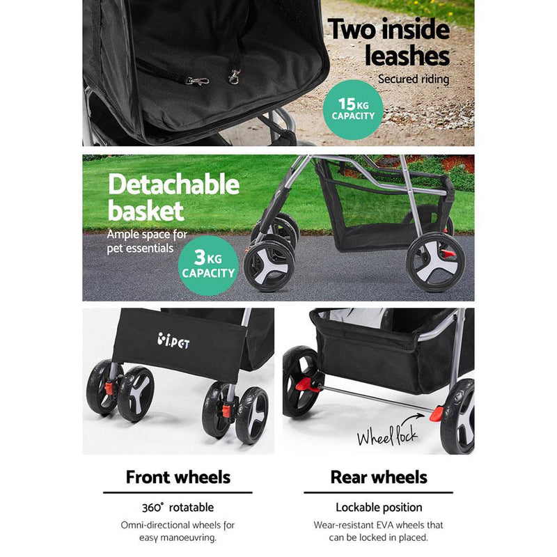 i.Pet 4 Wheel Pet Stroller - Black Payday Deals