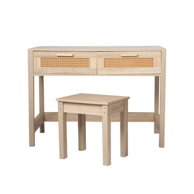 Levede Table Set Rattan Wood Dressing Table Bedroom Desk Stool Home Office Desks - Payday Deals