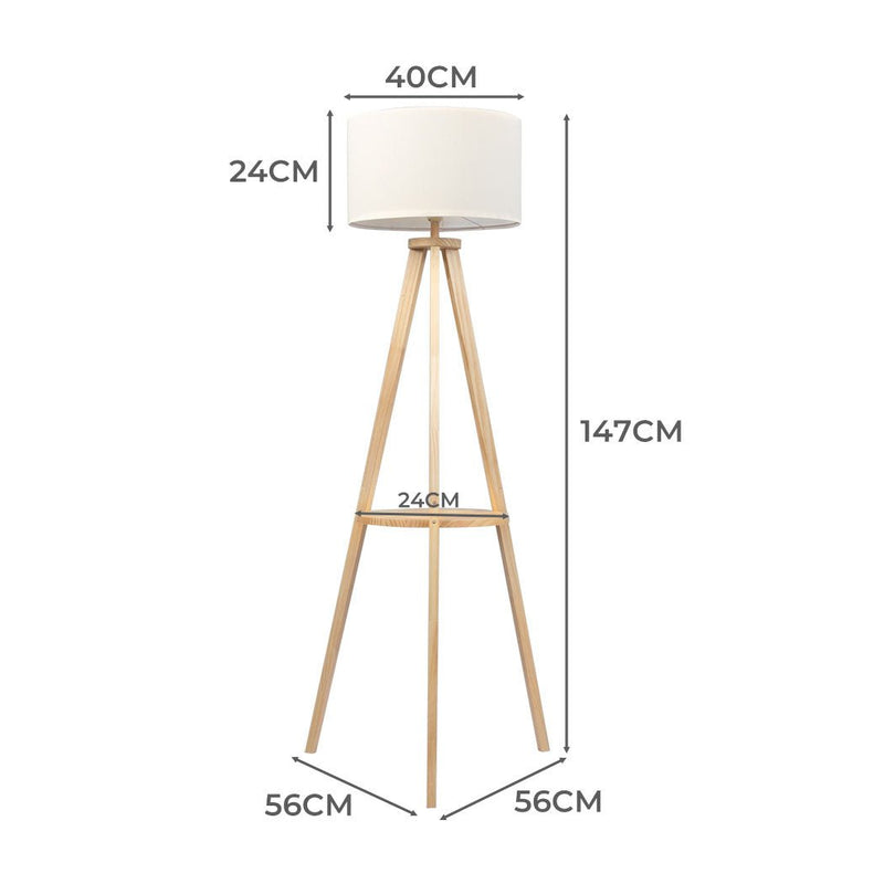 EMITTO Tripod Floor Lamp with Rack Wooden Modern Reading Light Night Home Decor