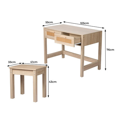Levede Table Set Rattan Wood Dressing Table Bedroom Desk Stool Home Office Desks - Payday Deals