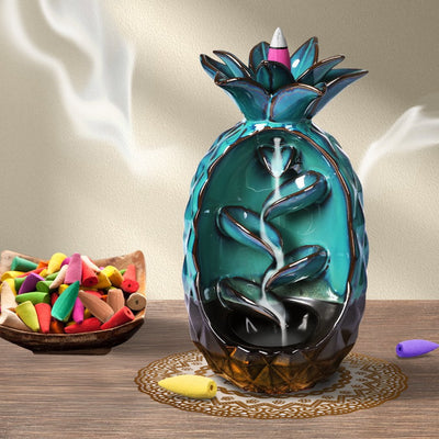 Incense Burner Pineapple Waterfall Smoke Backflow Ceramic Cone Holder + 10 Cones Payday Deals