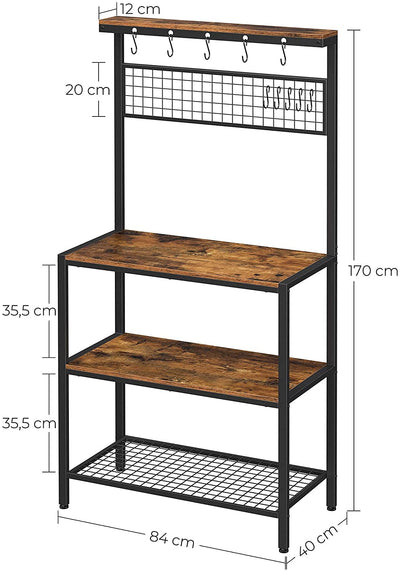 Industrial Kitchen Baker's Rack with Storage Shelves, 10 Hooks and Metal Mesh Shelf, 84 x 40 x 170 cm, Rustic Brown Payday Deals