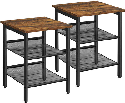 Industrial Set of 2 Bedside Tables with Adjustable Mesh Shelves,  Rustic Brown and Black