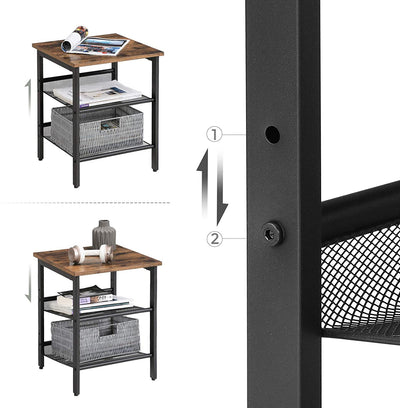 Industrial Set of 2 Bedside Tables with Adjustable Mesh Shelves,  Rustic Brown and Black Payday Deals