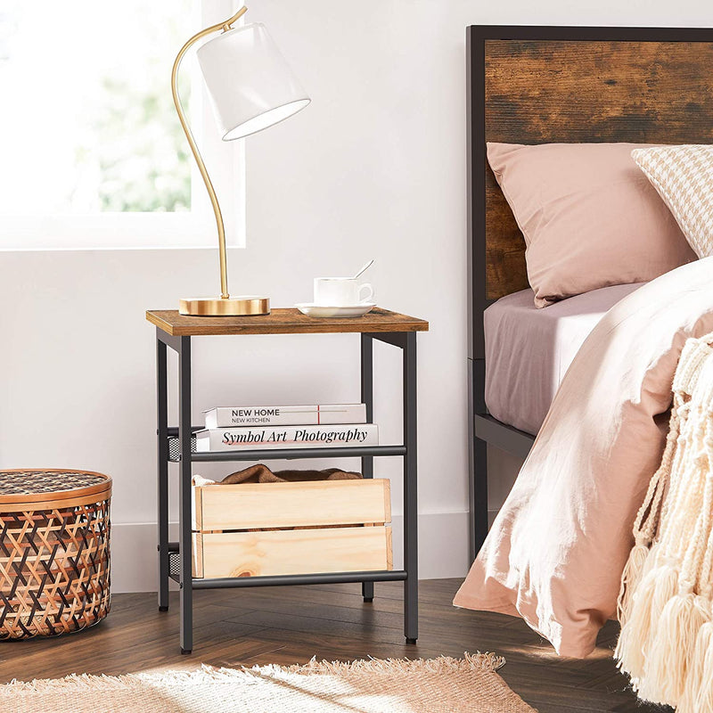 Industrial Set of 2 Bedside Tables with Adjustable Mesh Shelves,  Rustic Brown and Black Payday Deals