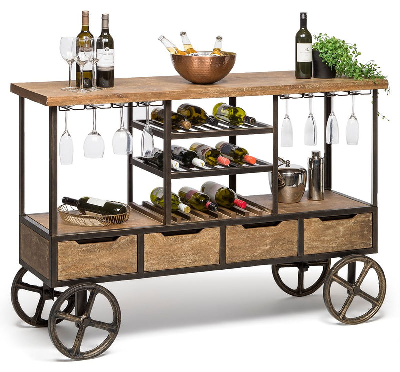 Industrial Style Wooden Bar Cart Drinks Trolley Station with Wine Bottle Rack Payday Deals