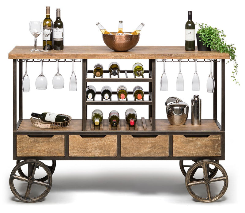 Industrial Style Wooden Bar Cart Drinks Trolley Station with Wine Bottle Rack Payday Deals