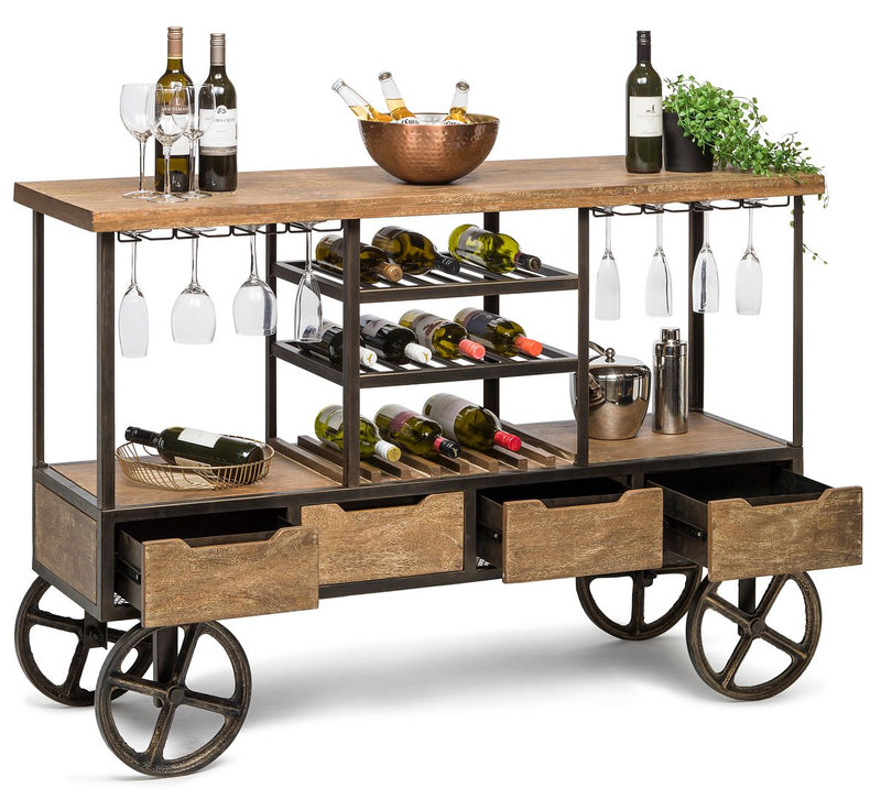 Industrial Style Wooden Bar Cart Drinks Trolley Station with Wine Bottle Rack Payday Deals