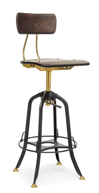 Industrial Wooden Height Adjustable Swivel Bar Stool Chair with Back - Gold Black Payday Deals