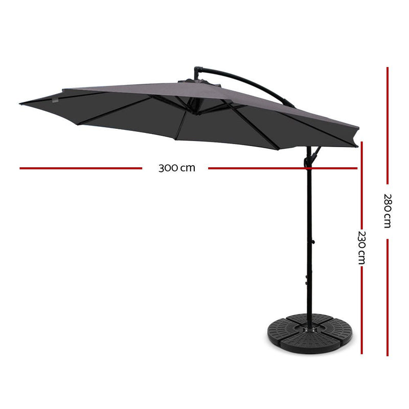 Instahut 3M Umbrella with 48x48cm Base Outdoor Umbrellas Cantilever Sun Beach Garden Patio Charcoal Payday Deals