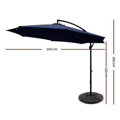 Instahut 3M Umbrella with 48x48cm Base Outdoor Umbrellas Cantilever Sun Beach Garden Patio Navy Payday Deals