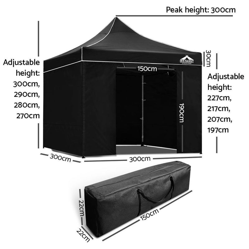 Instahut Aluminium Pop Up Gazebo Outdoor Folding Marquee Tent 3x3m Black