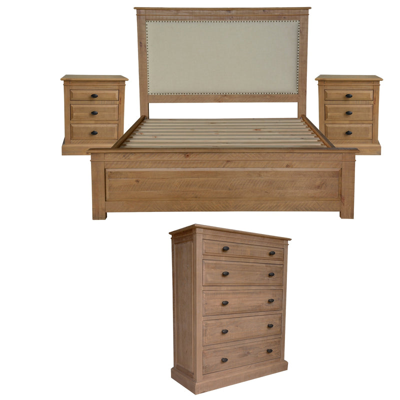 Jade 4pc Queen Bed Bedside Tallboy Bedroom Suite Furniture Package - Natural Payday Deals