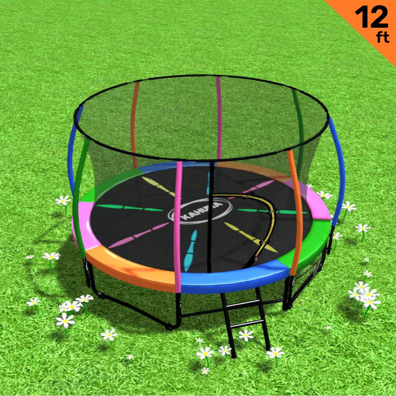 Kahuna 12ft Trampoline Free Ladder Spring Mat Net Safety Pad Cover Round Enclosure - Rainbow Payday Deals