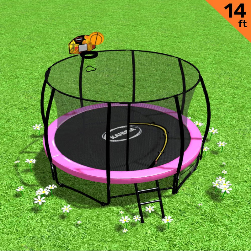 Kahuna 14ft Outdoor Trampoline Kids Children With Safety Enclosure Pad Mat Ladder Basketball Hoop Set - Pink Payday Deals