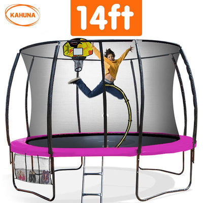 Kahuna 14ft Outdoor Trampoline Kids Children With Safety Enclosure Pad Mat Ladder Basketball Hoop Set - Pink Payday Deals