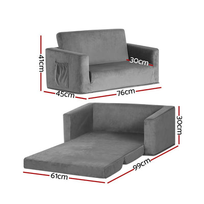 Keezi Kids Convertible Sofa 2 Seater Children Flip Open Couch Lounger Grey Payday Deals