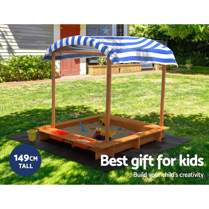 Keezi Kids Sandpit Wooden Sandbox Sand Pit with Canopy Water Basin Toys 146cm Payday Deals