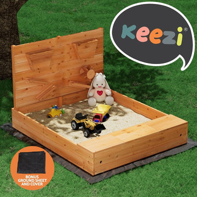 Keezi Kids Sandpit Wooden Sandbox Sand Pit with Cover Funnel Outdoor Toys 120cm Payday Deals