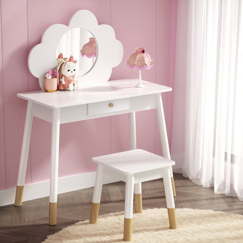 Keezi Kids Vanity Makeup Dressing Table Chair Set Wooden Mirror Drawer White Payday Deals