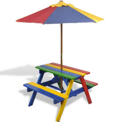 Kids' Picnic Table with Benches and Parasol Multicolour Wood Payday Deals