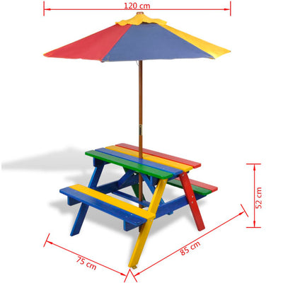 Kids' Picnic Table with Benches and Parasol Multicolour Wood Payday Deals