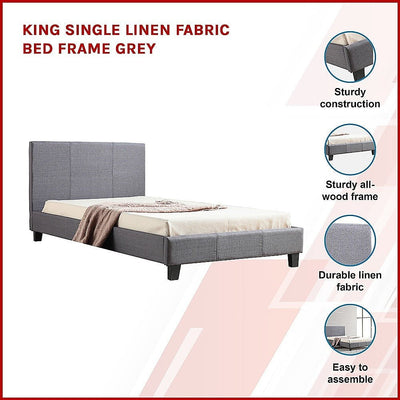 King Single Linen Fabric Bed Frame Grey Payday Deals