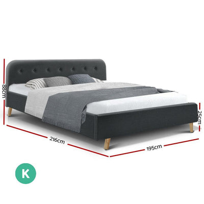 King Size Bed Frame Base Mattress Fabric Wooden Charcoal POLA