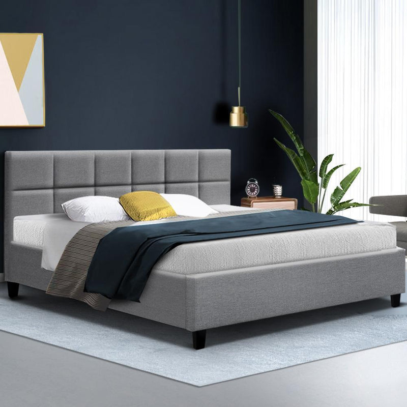King Size Bed Frame Base Mattress Fabric Wooden Grey TINO