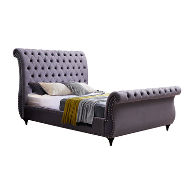King Size Sleigh Bedframe Velvet Upholstery Grey Colour Tufted Headboard And Footboard Deep Quilting Payday Deals