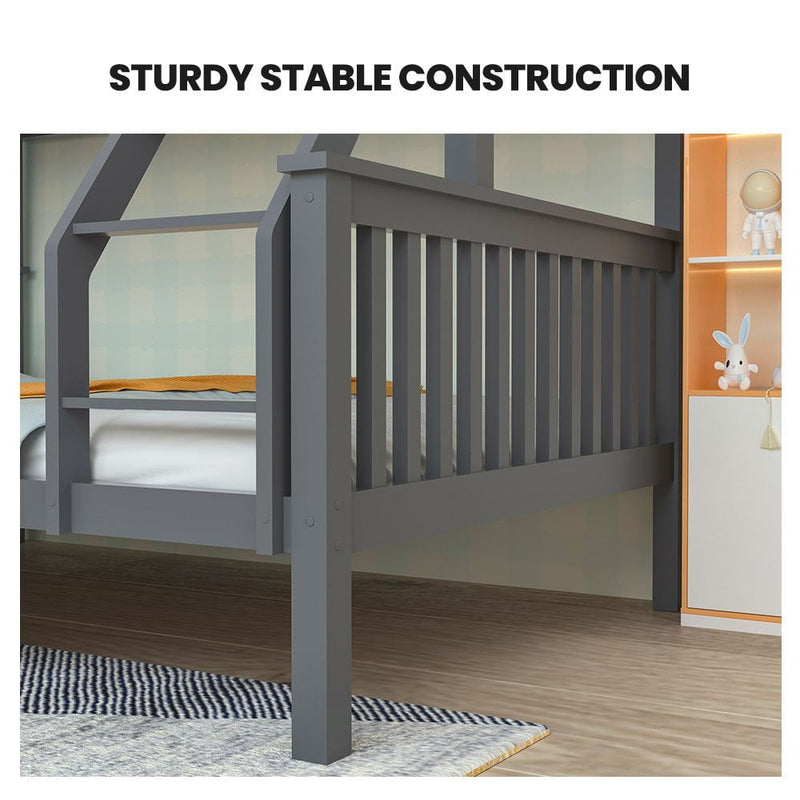 KINGSTON 2in1 Single on Double Bunk Bed Kids Solid Wood Timber Loft Furniture Slats, Grey Payday Deals