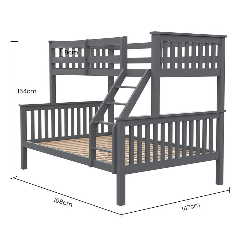 KINGSTON 2in1 Single on Double Bunk Bed Kids Solid Wood Timber Loft Furniture Slats, Grey Payday Deals