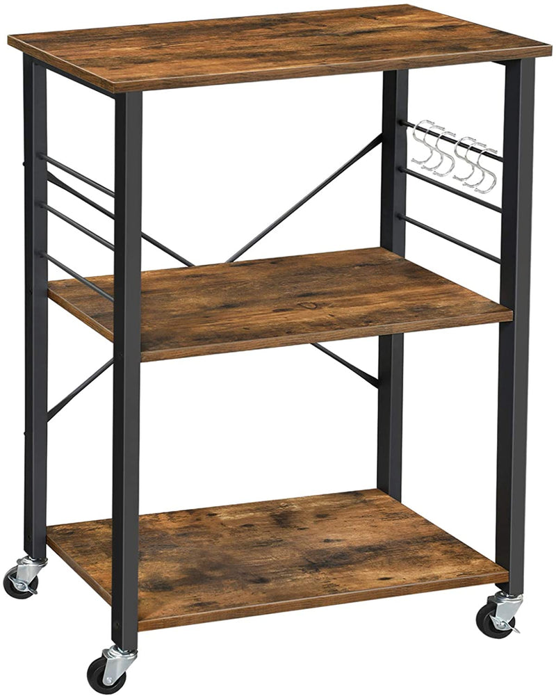 Kitchen Baker’s Rack,  3-Tier Serving Cart with Metal Frame and 6 Hooks, Rustic Brown Payday Deals