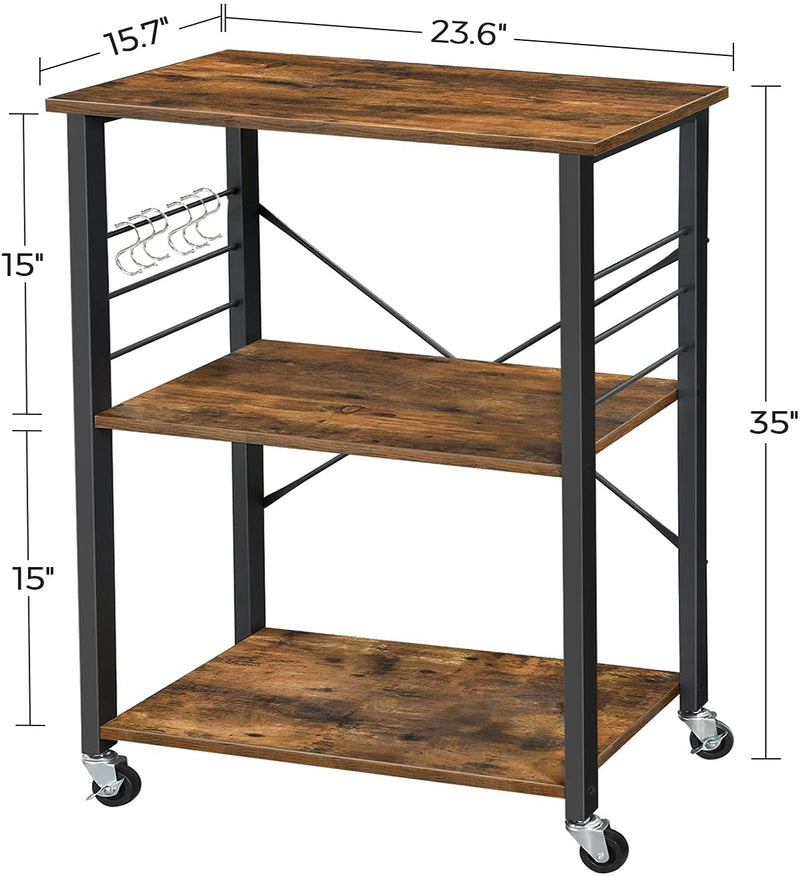 Kitchen Baker’s Rack,  3-Tier Serving Cart with Metal Frame and 6 Hooks, Rustic Brown Payday Deals